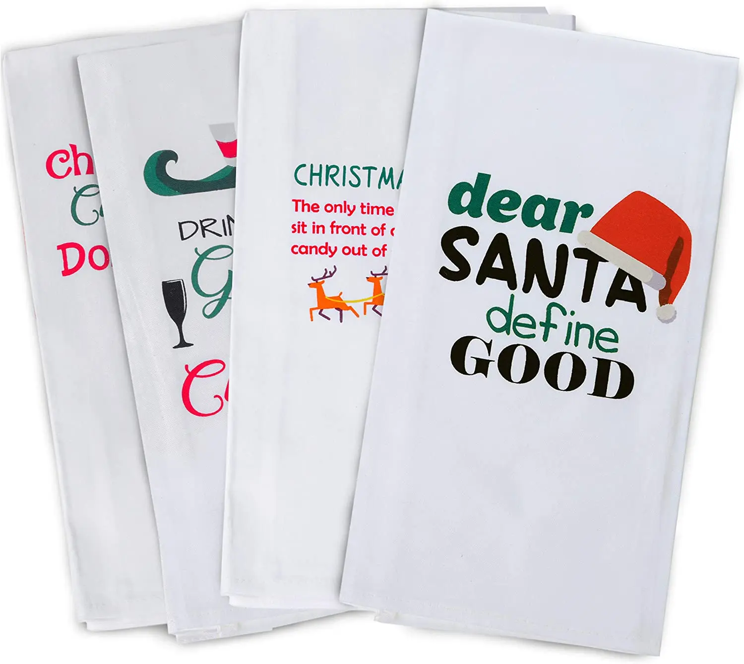 CUTE TEA TOWELS - 4 white kitchen towels are made of 100% cotton and measure 24 inches by 18 inches. Designs are printed for