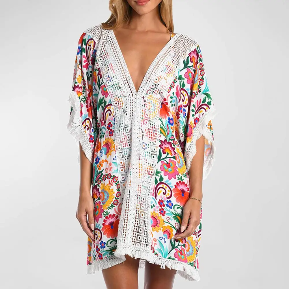 Beach Dress Cover-up Colorful Flower Print Lace Bat Sleeves Tassel Sun Protection Anti-uv Holiday Swimsuit Cover-up for Women V