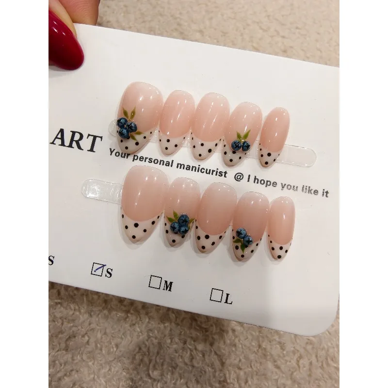 

10Pcs Handmade Nails French Polka Dots Sweet Blueberry Design—Versatile and Cute Press-On Nails Perfect As A Gift for Girls