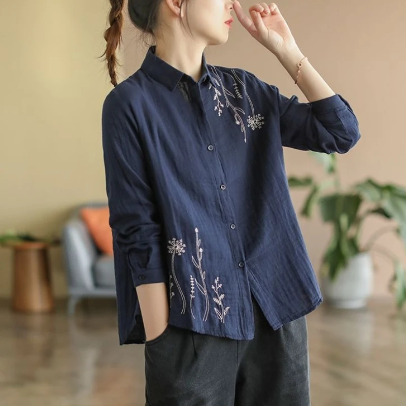 

2026 Spring New Arrival Women Linen Cotton Blouse Simple Bohemian Long Sleeve Shirt Loose Fit Floral Embroidery Versatile Top