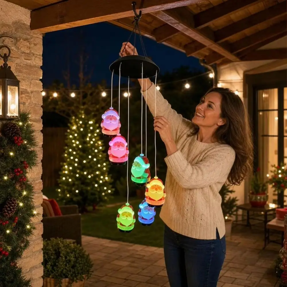Easy To Use Star Wind Chime Light Santa Claus Oval Colorful Wind Chime Light Solar Powered Decoration Hanging Solar Lamp Windows