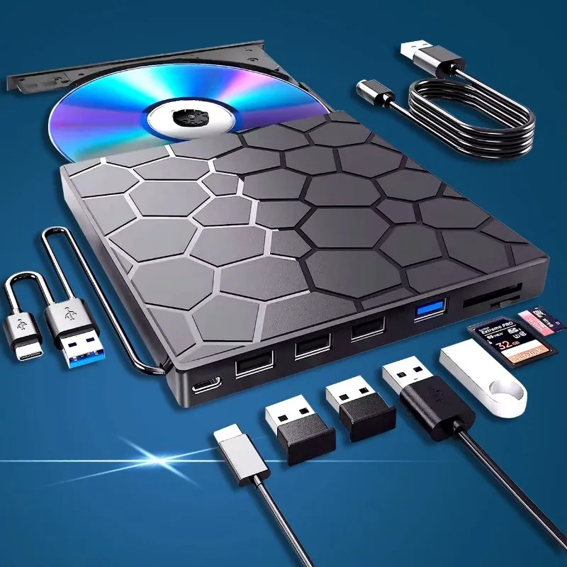 

8-In-1 External DVD Drive for Laptop USB 3.0 Type-C Portable CD/DVD Drive Player Burner CD Burner DVD Burner