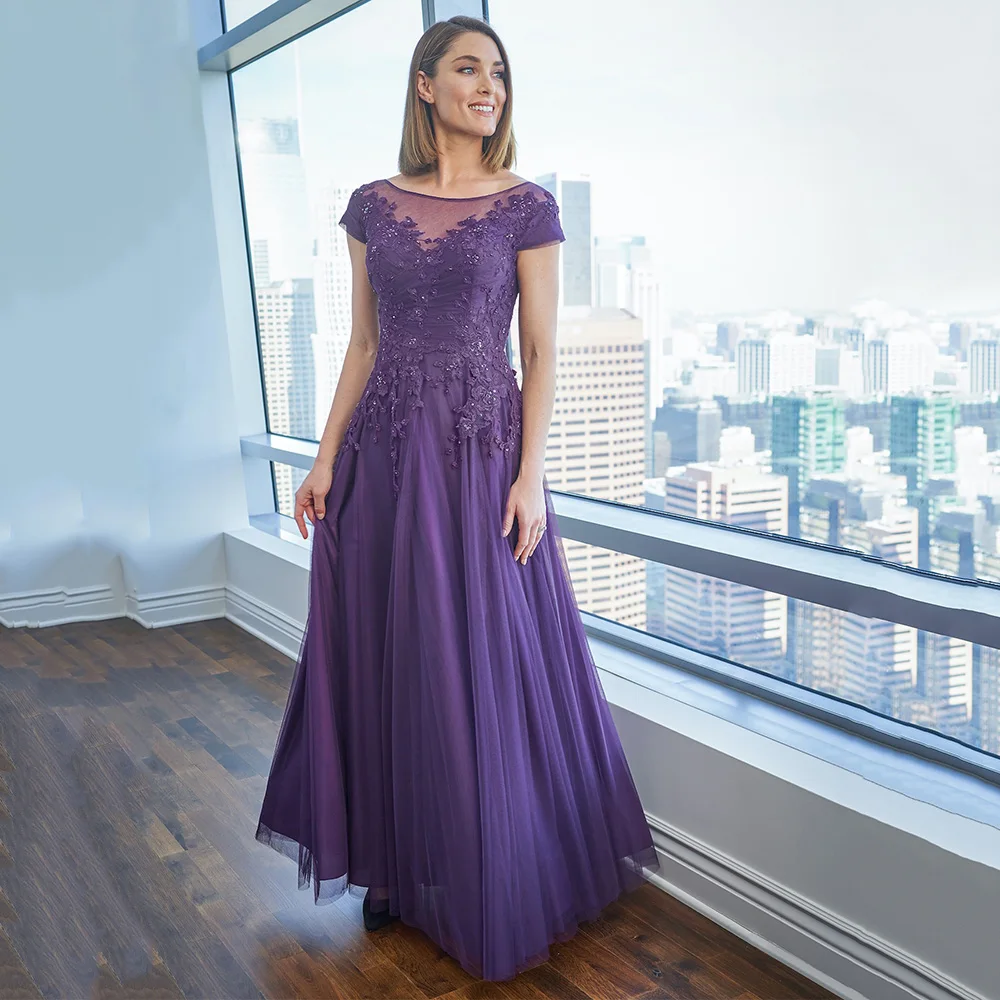 Vestidos de lavanda, mangas curtas, tule, linha A, noite plus size, vestidos para convidados de casamento, mãe moderna da noiva