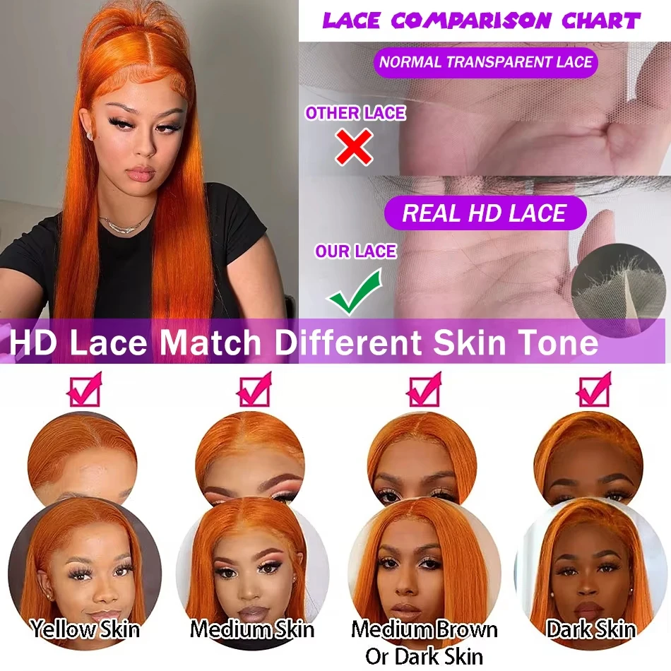 250% HD ดิบ 13x6 ลูกไม้ด้านหน้าขิงสีส้มตรงผมมนุษย์ Wigs 30 36 40 นิ้ว 13x4 โปร่งใสวิกผมลูกไม้ด้านหน้าด้านหน้าสําหรับผู้หญิง
