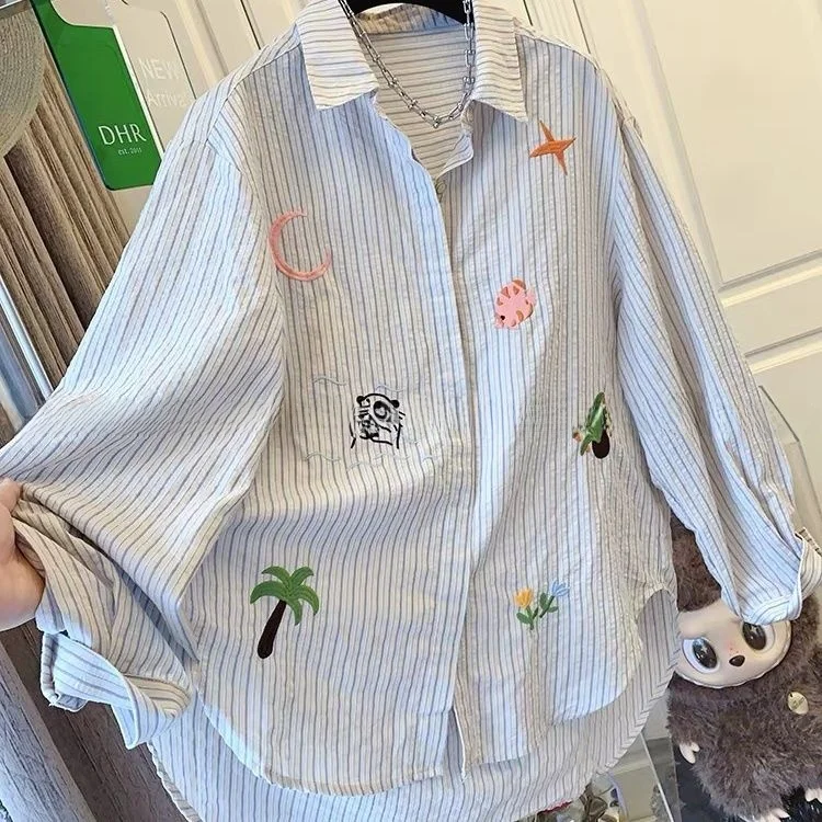 

Extra Large 300 Pou Embroidered Design Striped Long Sve irt Men's Loose Top Spring Autumn New Sle Casual Faion