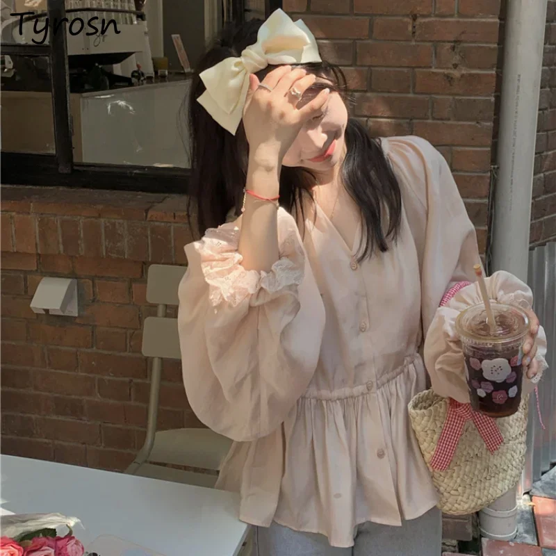 

Baggy Shirts Women Sweet Elegant Daily All-match Simple Pink Popular Soft Shirring V-neck Sexy Autumn Breathable Harajuku Mujer