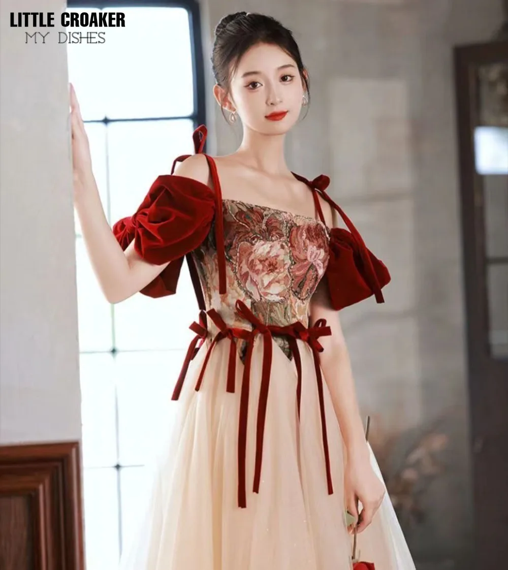 Off Shoulder Beige Tulle Burgundy Patchwork French Vintage Ress Birthday Party Dresses for Women 2024