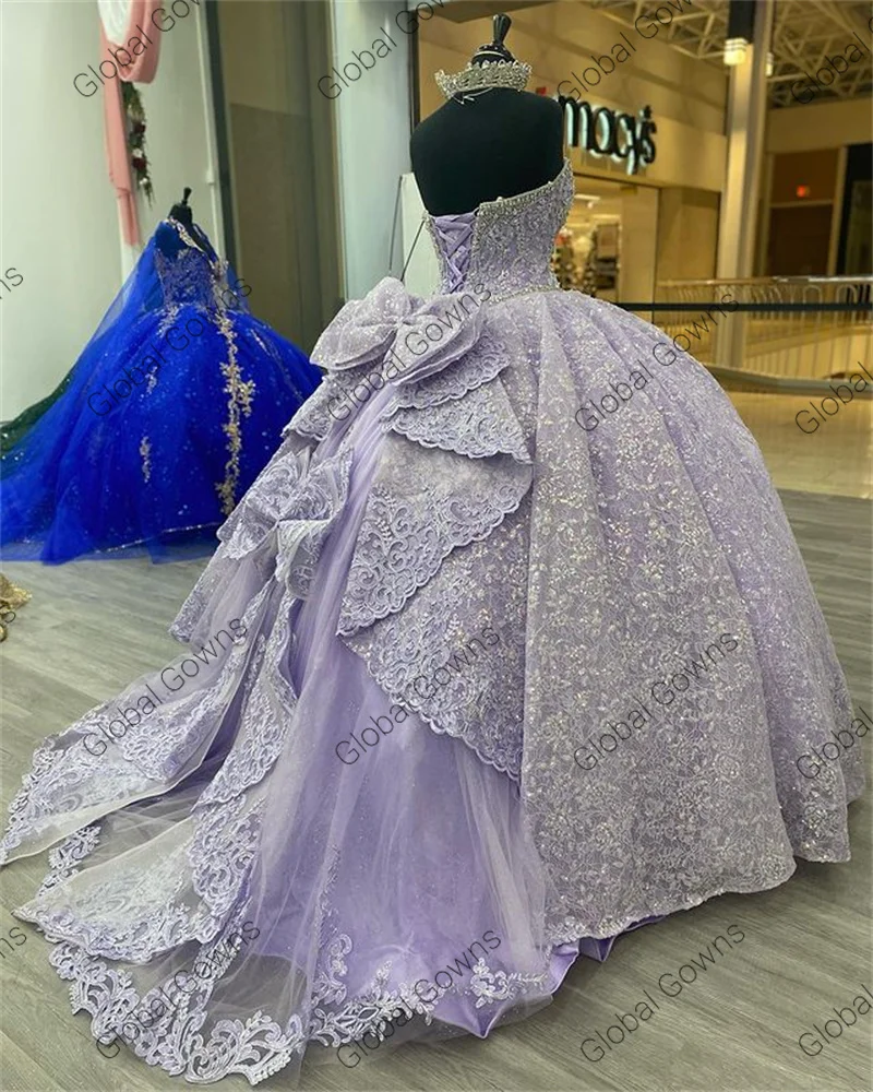 Vestido de fiesta púrpura brillante con escote corazón para niña, vestido de fiesta de cumpleaños con cuentas de vestido para quinceañeras, con lazo para graduación en la espalda