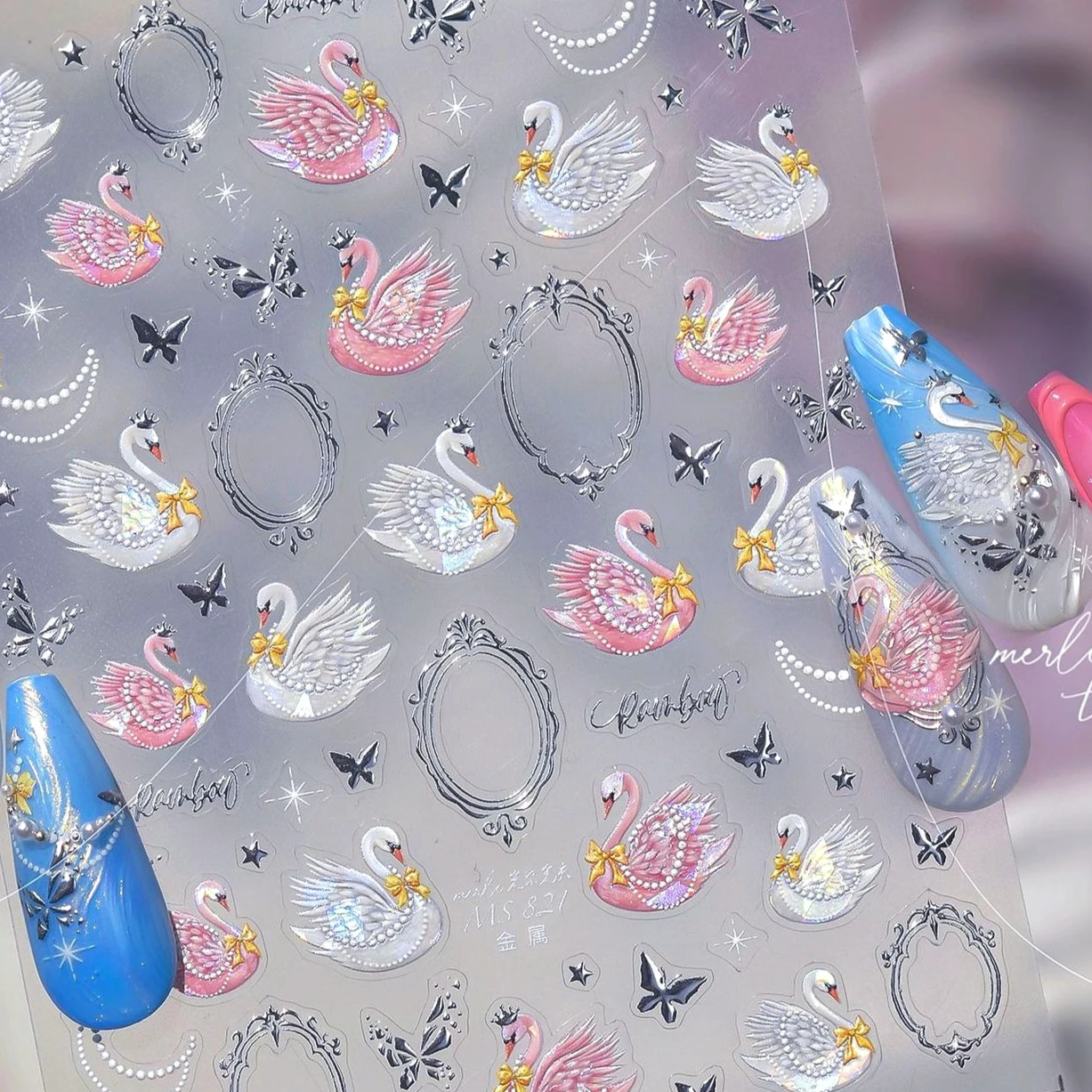 Wit Zwart Roze Dieren Veer Ster Retro Fotolijst Strik Vlinder Vleugel Parelsnoer Nail Art Stickers Manicure Decals