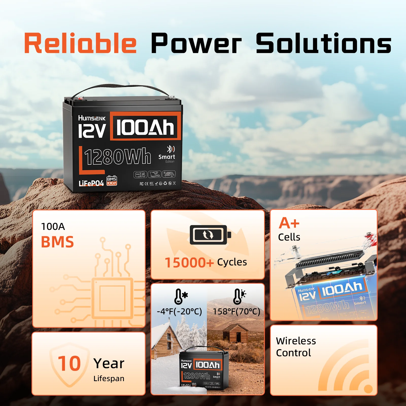 Humsienk Smart BlueTooth LiFePO4 12V100Ah Lithium Battery Packs Grade A+ Cell Built-in 100A BMS For RV Camping  Marine Golf Cart