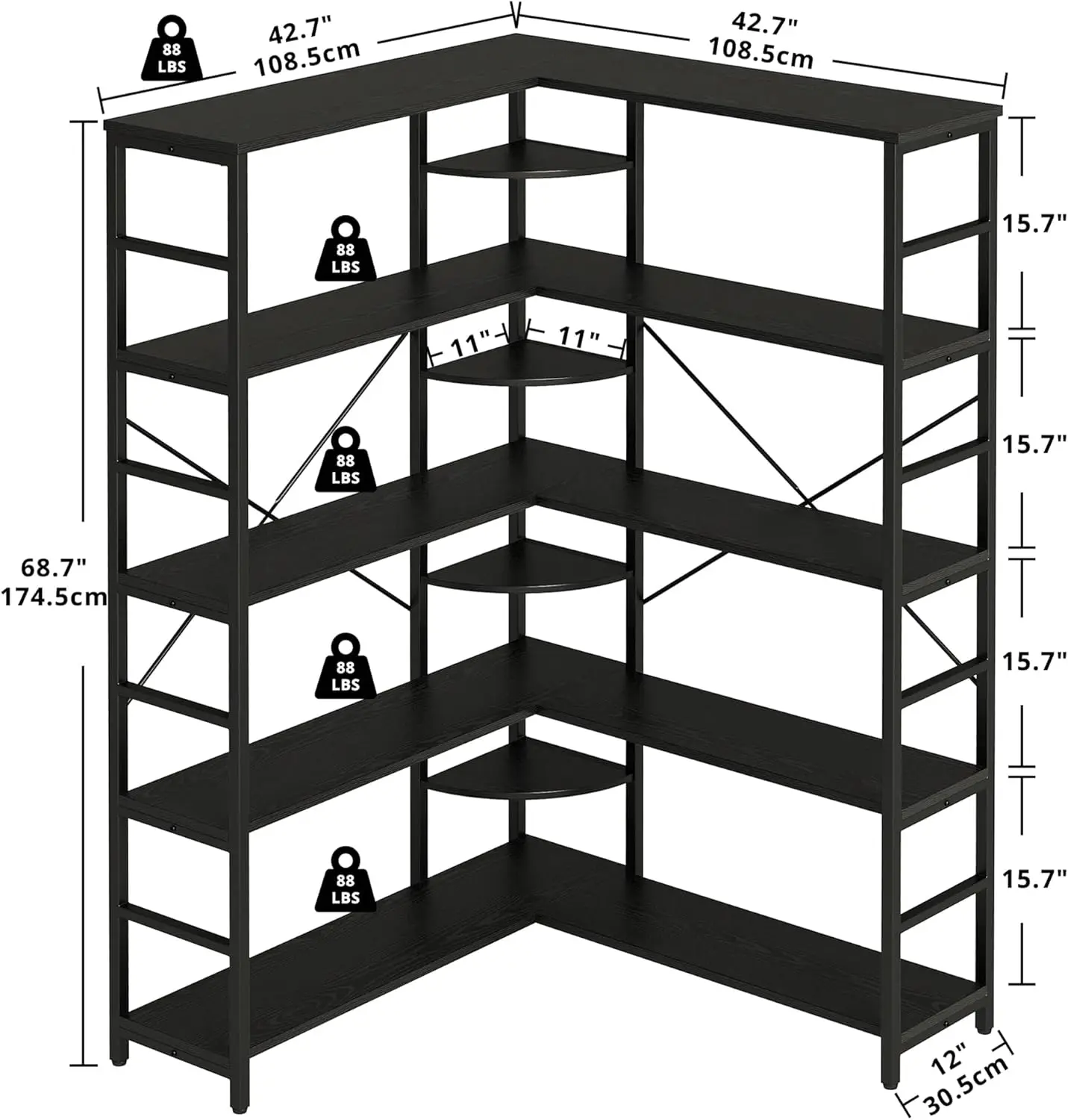 خزانة كتب على شكل حرف L بإطار معدني، أسود، لوحات منحنية لغرفة المعيشة والمكتب المنزلي #3
