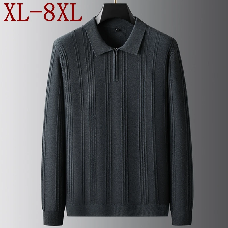 

8XL 7XL 6XL Pull Homme 2025 Новый осенне-зимний элитный роскошный полосатый свитер для мужчин Мягкие теплые мужские джемперы Трикотаж на молнии с лацканами