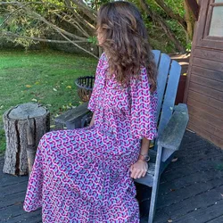 Summer Women Dresses Floral Print Ruffles Boho V-neck Puff Sleeve Casual Loose Beach Dress Half Sleeve Holiday Maxi Long Dress