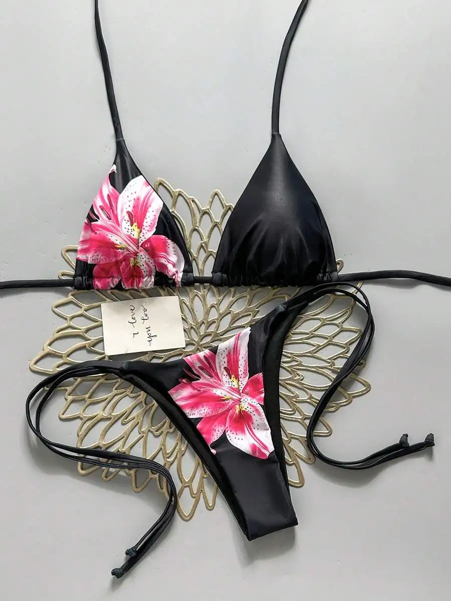 

Black Floral Lily Print Halter Backless Bikini Set Side Tie Thong Beach Summer