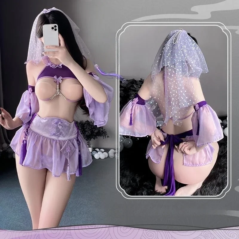 Women Costume Purple Sexy Lingerie Dress Cosplay Maid Uniform Crotchless Open Chest Exposed Split Outfit Tassel Underwear