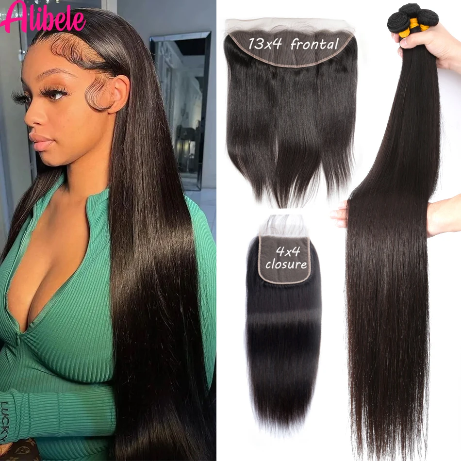 Human Hair Bundles With Frontal Straight Hair Bundels With 13x4 HD Lace Frontal Closure Weave Bundles With 4x4 Lace Closure