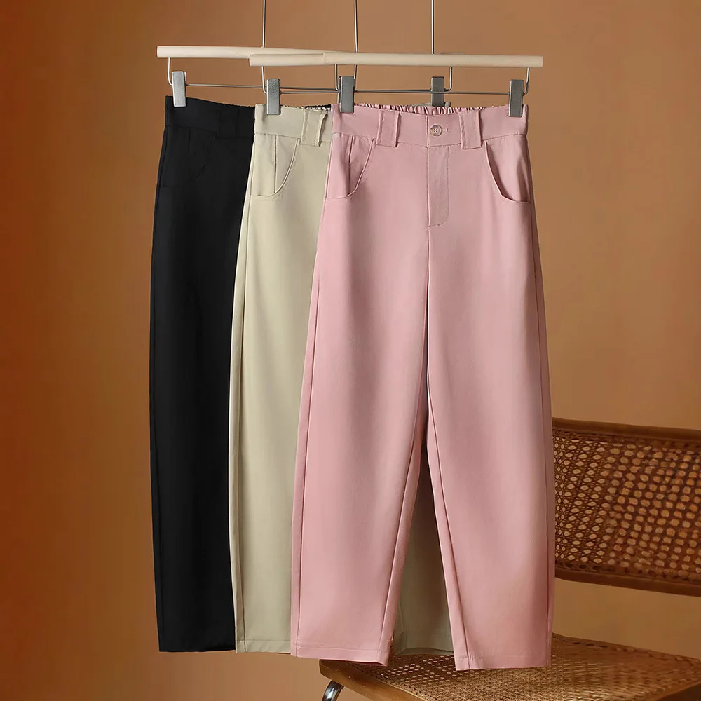 Lady Fashion Solid Loose Straight Pants All-match Button Zipper Women Spring Autumn High Waist Pockets Pencil Trousers