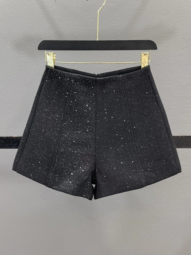 Fashion Sparkling Sequined Woolen Shorts Women's 2024 Autumn and Winter New Small High-waisted A-shaped Wide-leg Boots Shorts