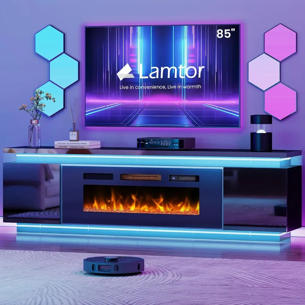 85 Inch TV Fireplace Entertainment Center Stand with 40 LED Lights And 4 AC Power Outlets Modern Black Glass Customized