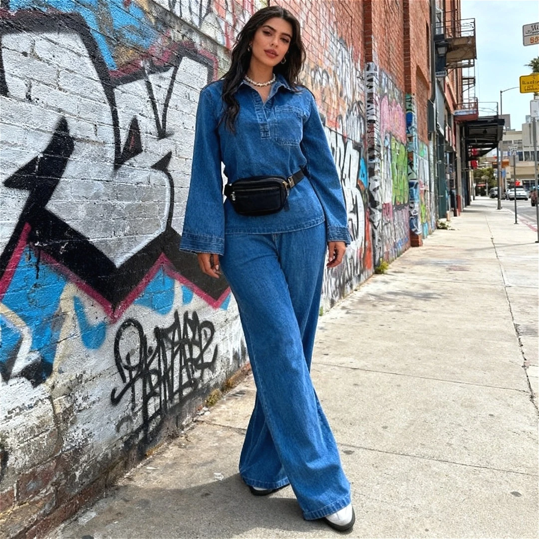 

Denim Pant Set Women Two Piece Sets Matching Sets Moto Biker Jeans Stretch Denim Streetwear Shirt Wide Leg Long Pants Y2k Mom