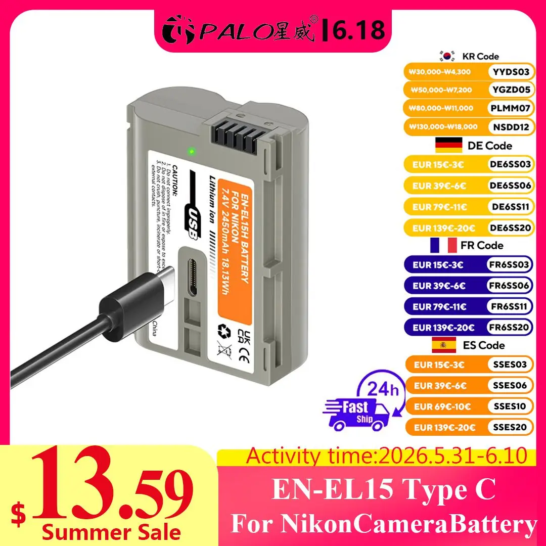 EN-EL15C EL15C EN EL15 Type-C USB Charging Battery for Nikon EN-EL15A EN-EL15B D780 D850 D7500 Z5 Z6 Z6 II Z7 Z7II Z8