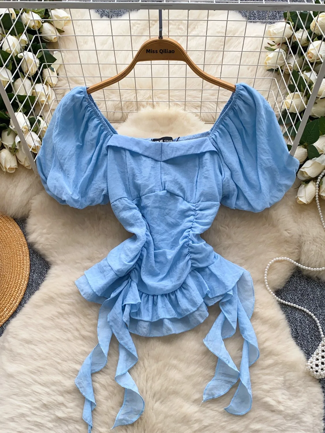 

Dopne Sle Bubble Sve Women's irt Summer Pleated Sa Lace Design Trendy Pure Desire Spicy Girl Top Korean Loose Fit