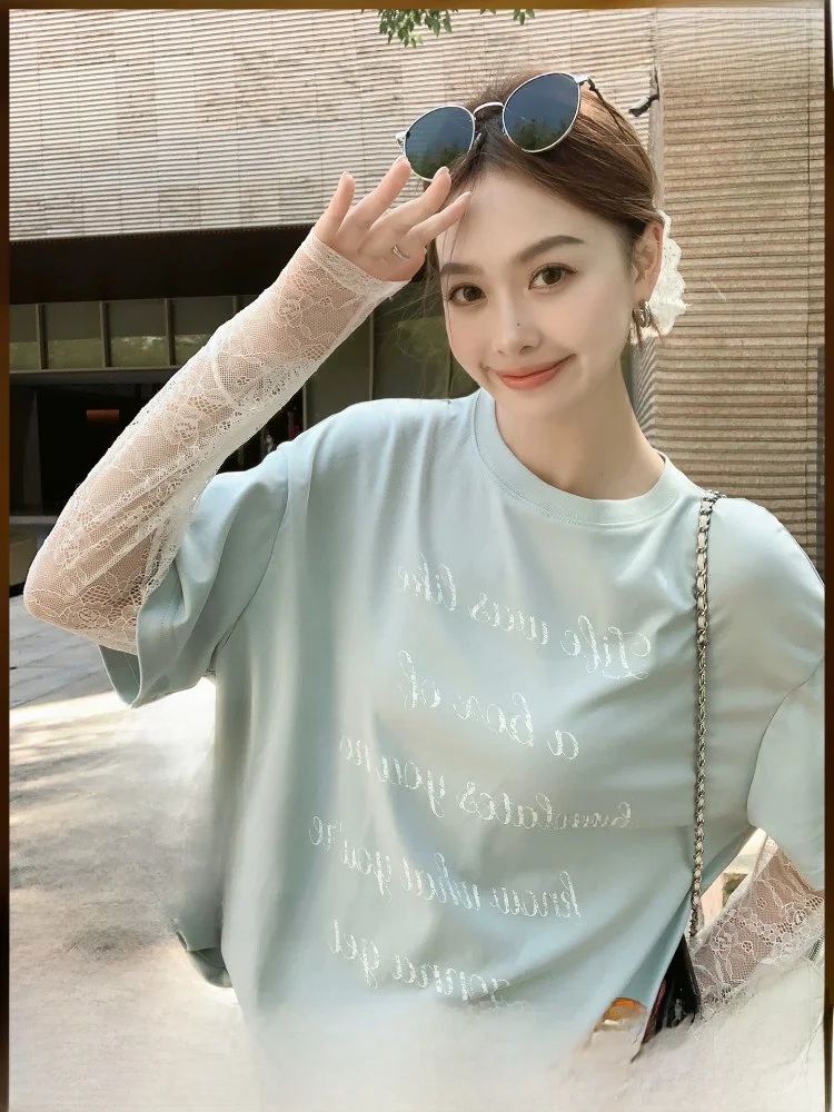 

MeiYang Lace Print Long Sleeve round Neck T-Shirt Casual Loose Fit Cotton Blend Friday Wear Classic Pattern Summer Style