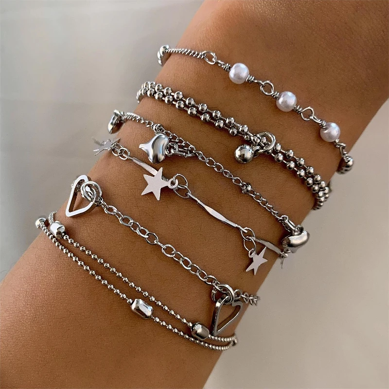 

Retro Trendy Star Heart Tassel Bracelet, Women's Personalized Punk Style Hip-hop Accessories Jewelry Set of 6 Pieces/set