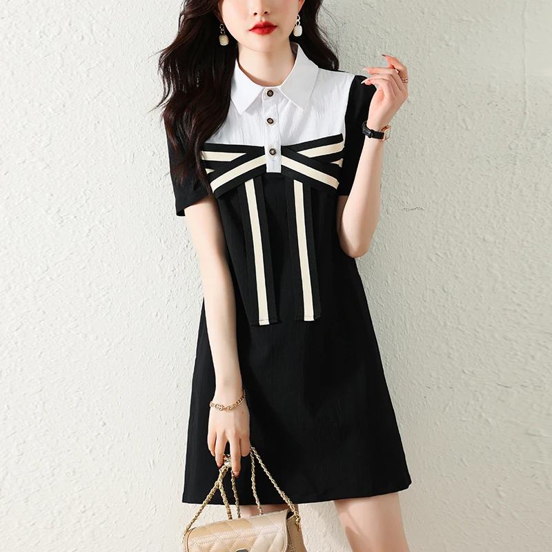 #7970 Summer Office False Two Piece Shirt Dress Women Turn-Down Collar Buttons Split Joint Short Dress Female France Style Loose