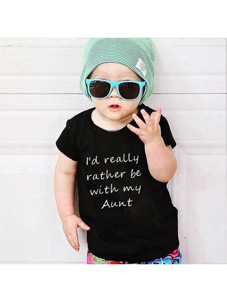 

I'd Really Rather Be with My Aunt Children Letter Print T-shirt Boy Summer Short Tee Tops Cloth Kid Tshirt Costume Funny Tops