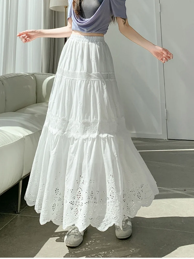 

SMTHMA Белая кружевная плиссированная юбка-тортик с вышивкой для женщин, летняя длинная юбка с вырезами, женская юбка А-силуэта, пышная юбка-солнце