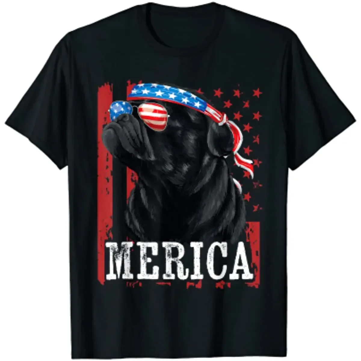 Funny Black Pug 4th of July Dog Mom Dog Dad Merica USA Flag T-Shirt Independence Day Streetwear Shirts for Men Cotton Casual