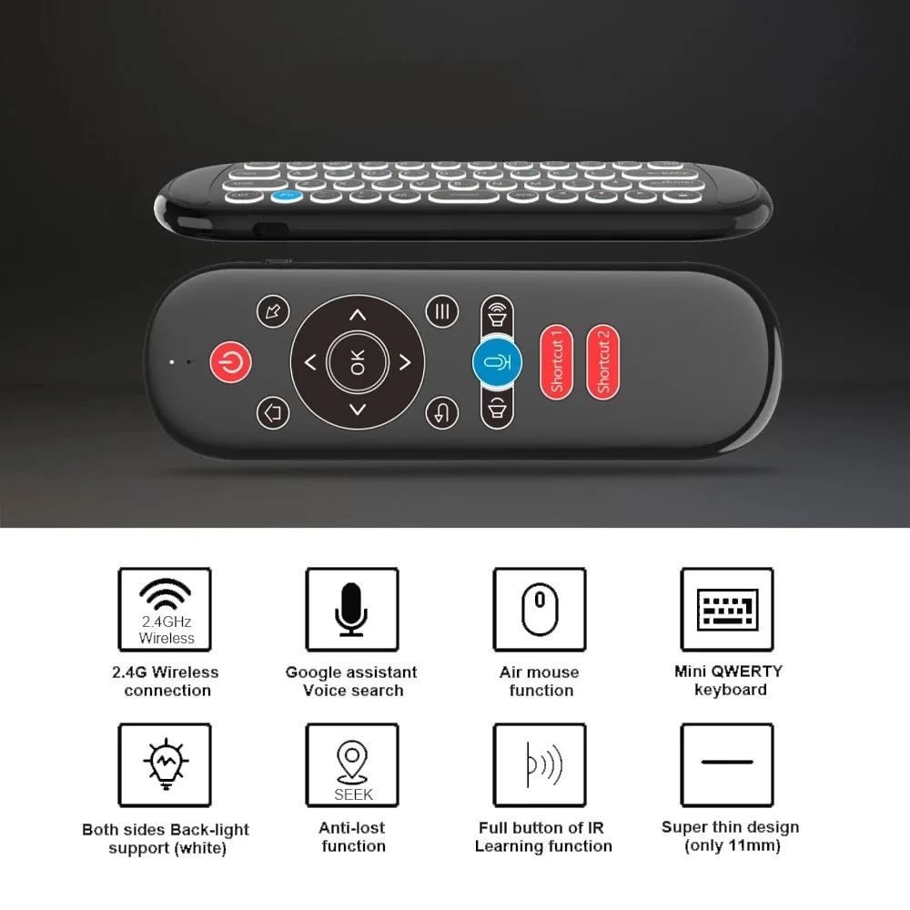 W1 PLUS  Wireless Air Mouse Keyboard Mini 2.4G Backlit 6-Axis Gyro IR Learning Anti-loss Voice Remote Control for Android TV Box