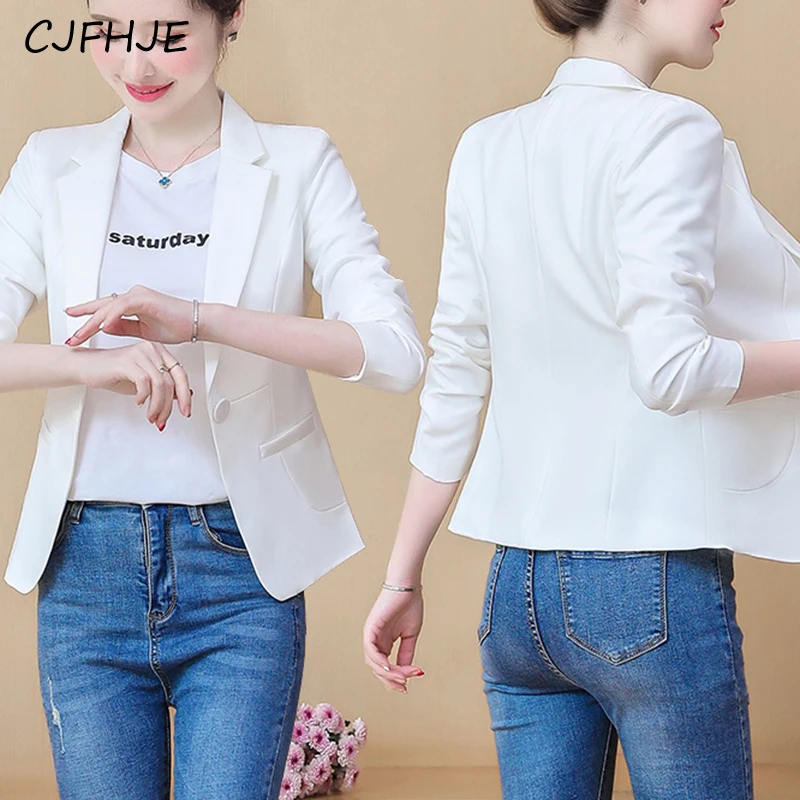 CJFHJE New Women's Fashion Casual Short Suit Jacket Korean Retro Solid Color Women Versatile One Button Long Sleeved Suit Top