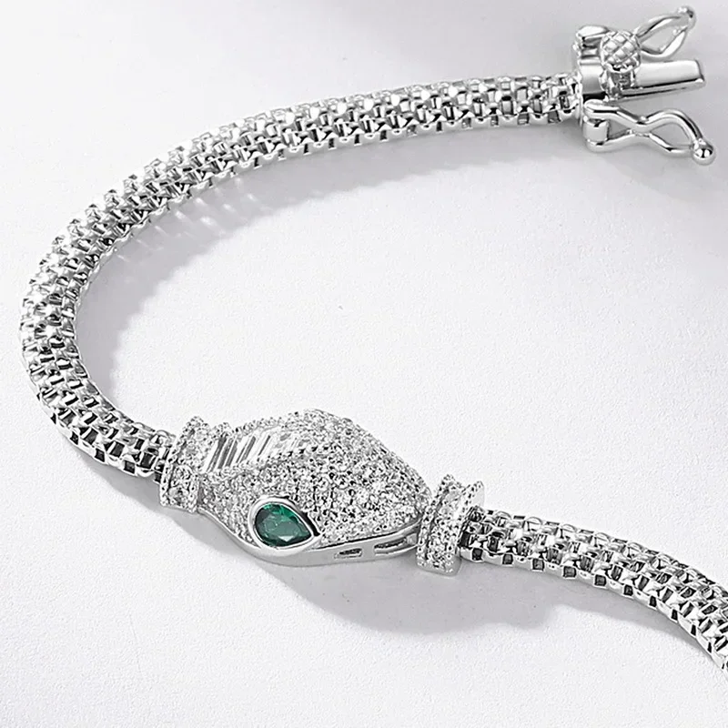 100% 925 silver bracelet for women Hollow snake head Green eyes luxury gift Hip Hop Animal Birthday Gifts Punk Jewelry