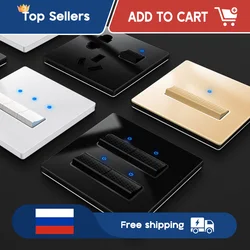 YINKA Black Tempered Glass Panel 1 2 3 4 Gang 1/2 Way Light Switch 220V LED Indicator Home Decoration Wall Switch Wall Socket