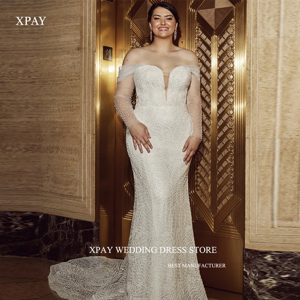 XPAY Sexy Off the Shoulder Mermaid Glitter Wedding Dresses Sheer Long Sleeves Elegant Bridal Gowns Plus Size Robe de mariage