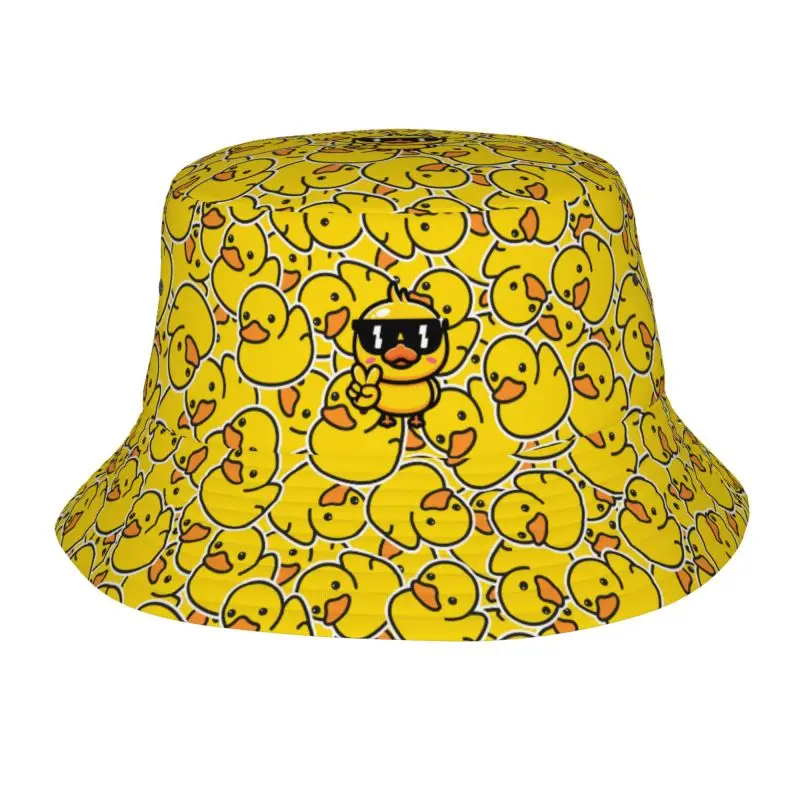Gummiflüsterhüte mit Cartoon-Enten-Print, niedliche gelbe Enten, Strand-Sonnenhut, faltbarer Outdoor-Fischerhut für Damen und Herren