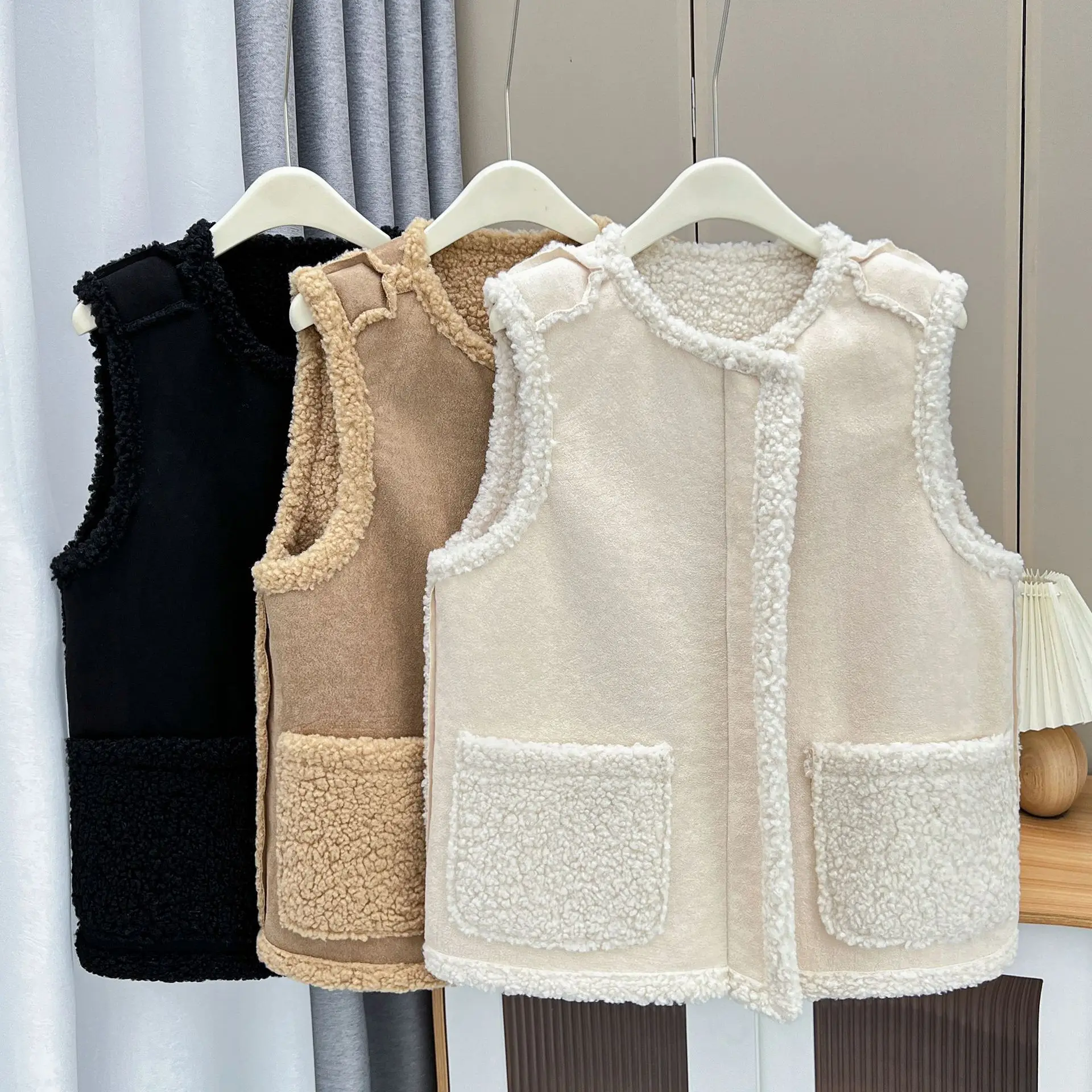 Autumn Winter 100kg Fashion Reversible Fleece-lined Jacket Plus Size Women's Casual Thick Polyester Sherpa Warm Zipper Vests