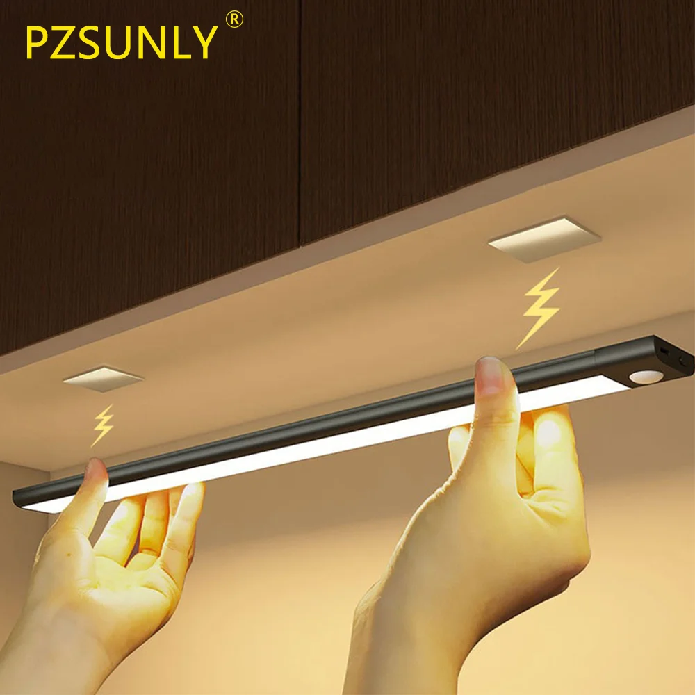 PZSUNLY lampu LED bawah lemari, lampu Sensor gerak LED sangat tipis untuk lemari dapur kamar tidur lemari pencahayaan 20/30/40/50CM