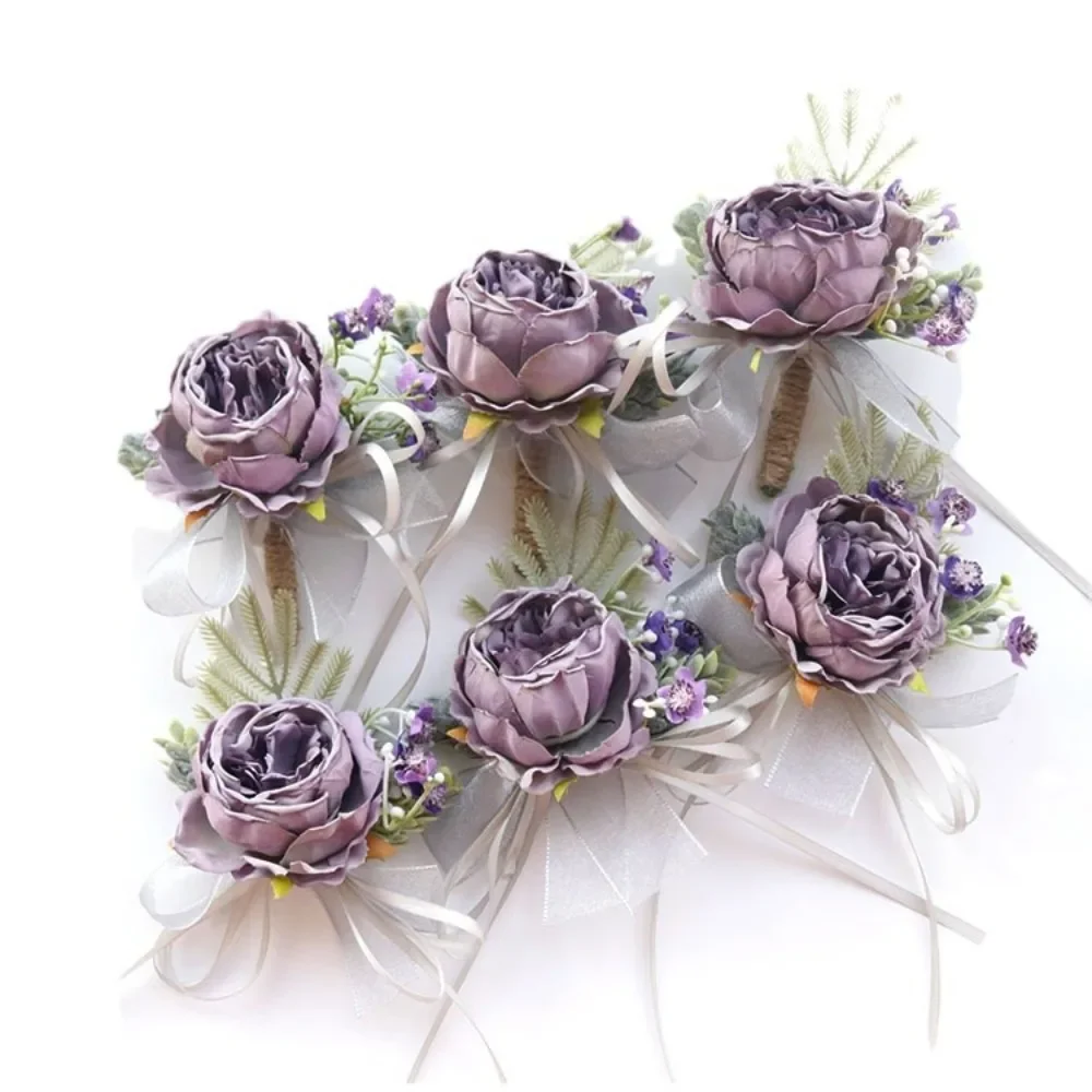 

Vintage Purple Groomsmen Boutonniere for Wedding Wrist Corsage Bridesmaid Bride Flowers Marriage Accessories