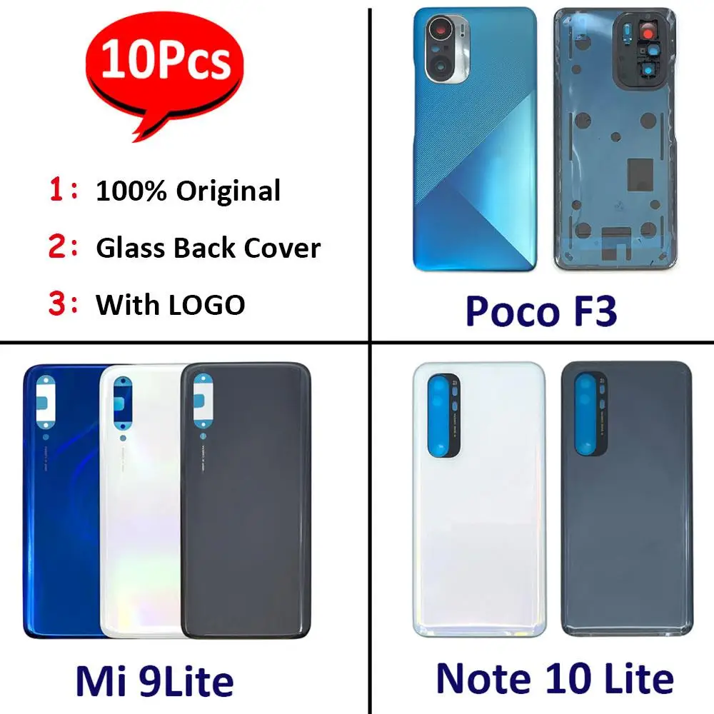 

10 шт., 100% оригинал для Xiaomi Mi 9 Lite / Poco F3 / Mi Note 10 Lite, задняя крышка аккумулятора, стеклянный корпус аккумулятора с клеем