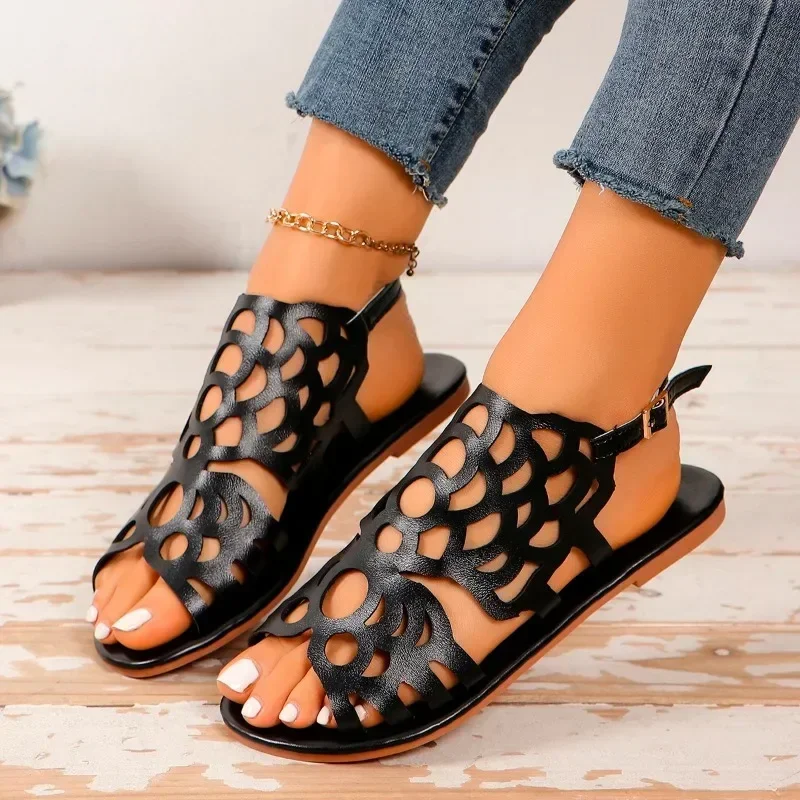 Women's Shoes on Sale 2024 Buckle Women Sandals Summer Rome Hollow Outdoor Beach Casual Flat Large Size Sandals Zapatos De Mujer