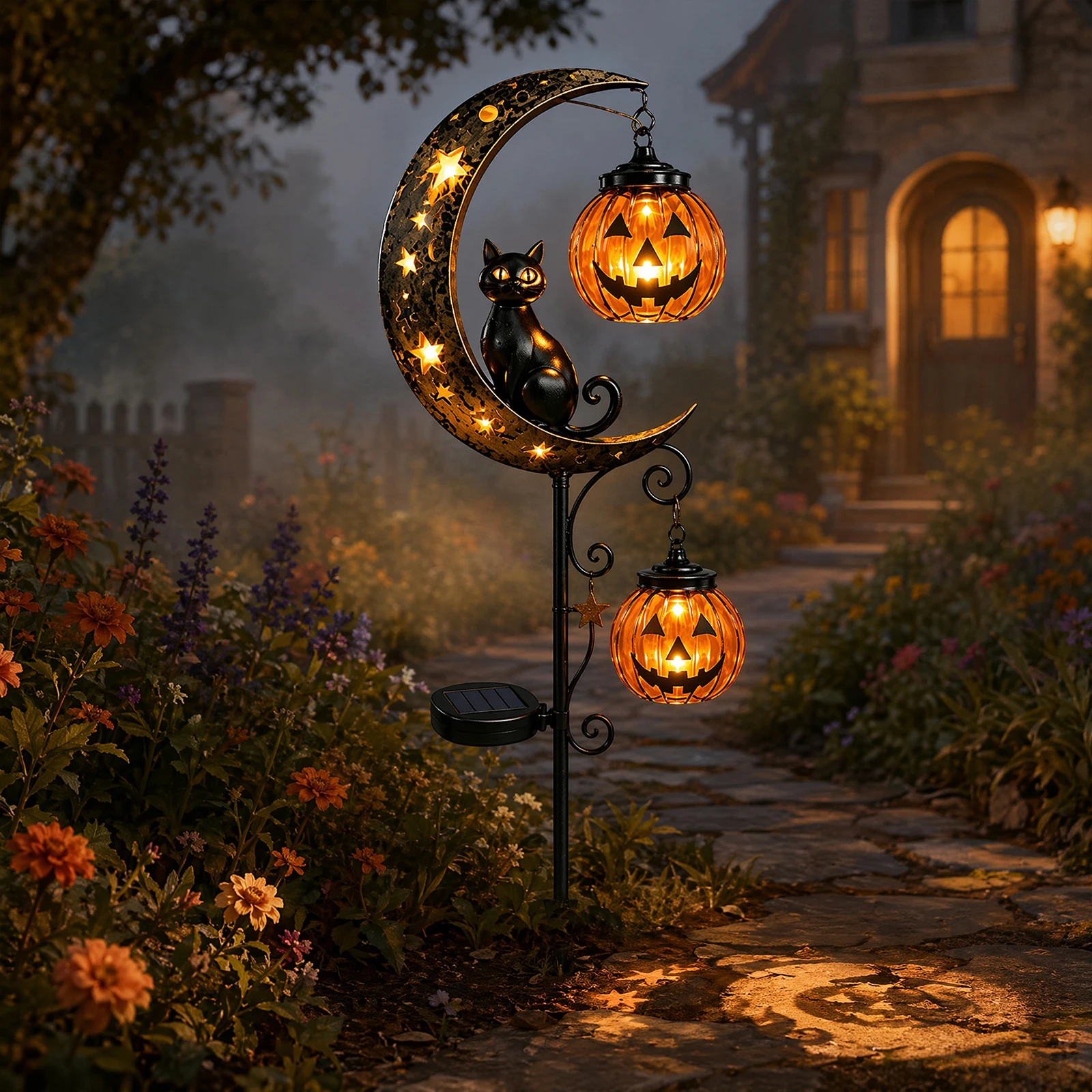 Halloween Black Cat & Pumpkin Moon Garden Stake Light Garden Lamp Decoration, Outdoor Waterproof Metal Pumpkin Stake Decor