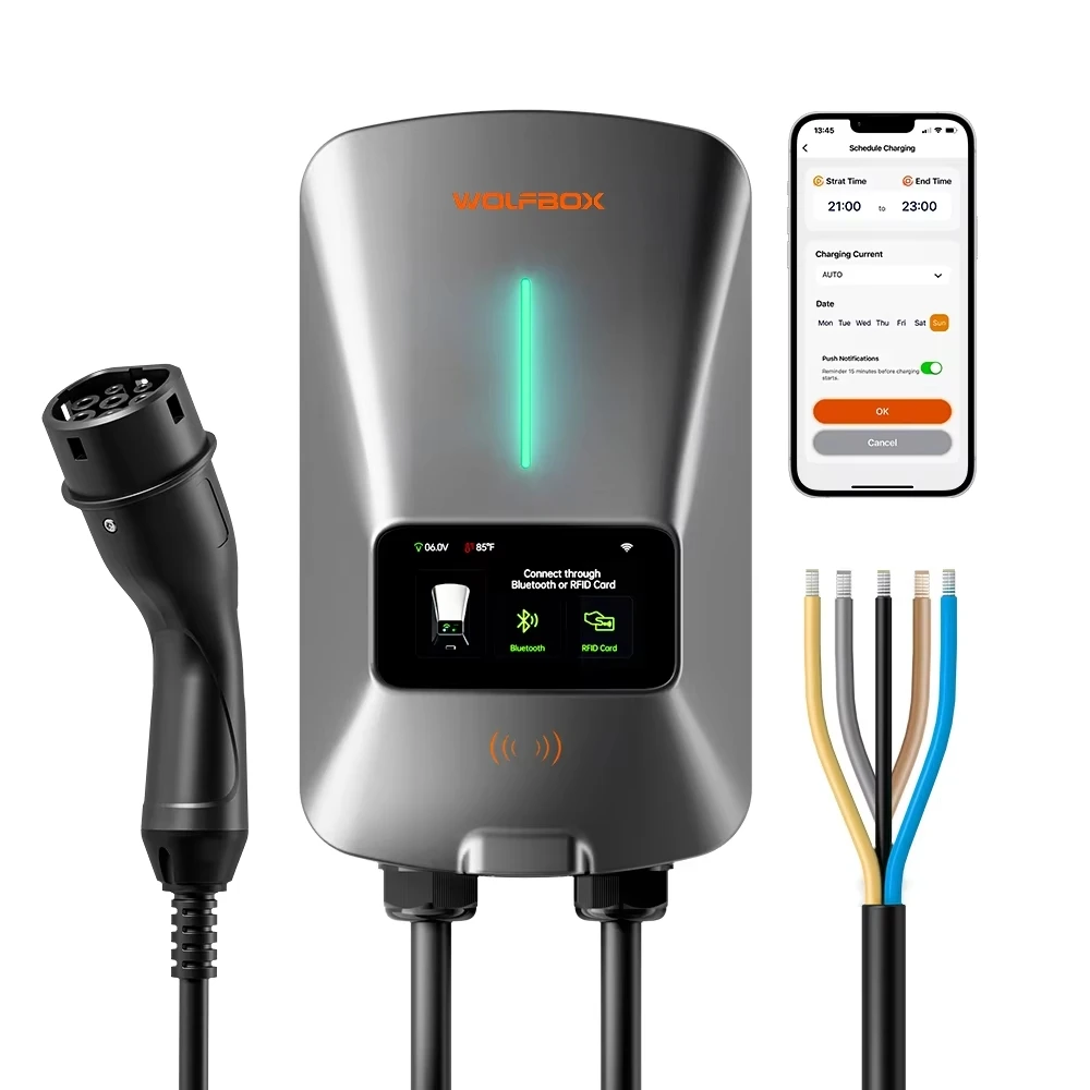 WOLFBOX EV-laadstation Type 2 7KW 32A 1-fase elektrische voertuig autolader Wallbox met LCD-scherm APP-bediening RFID-kaart