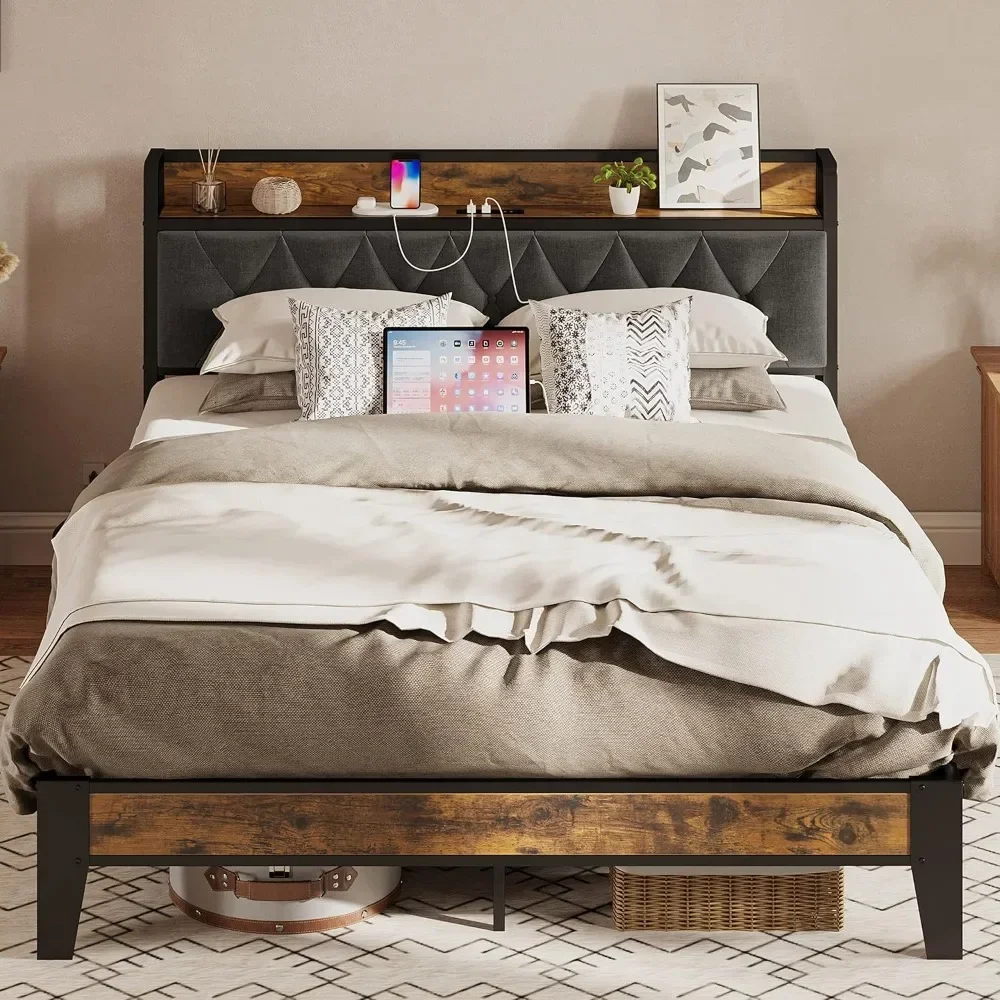 

Bed Frame, Storage Headboard with Outlets, Easy to Install, Sturdy and Stable, No Noise, No Box Springs Needed