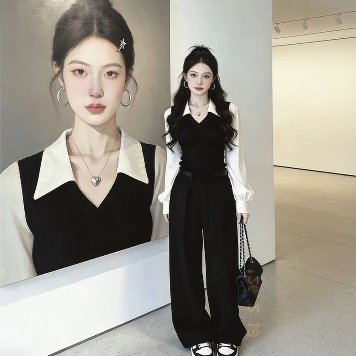 

Spring 2026 New Style Casual Color Block Shirt Elegant Simple Black White Blouse Fashionable Small Fragrance Style Commute Wind