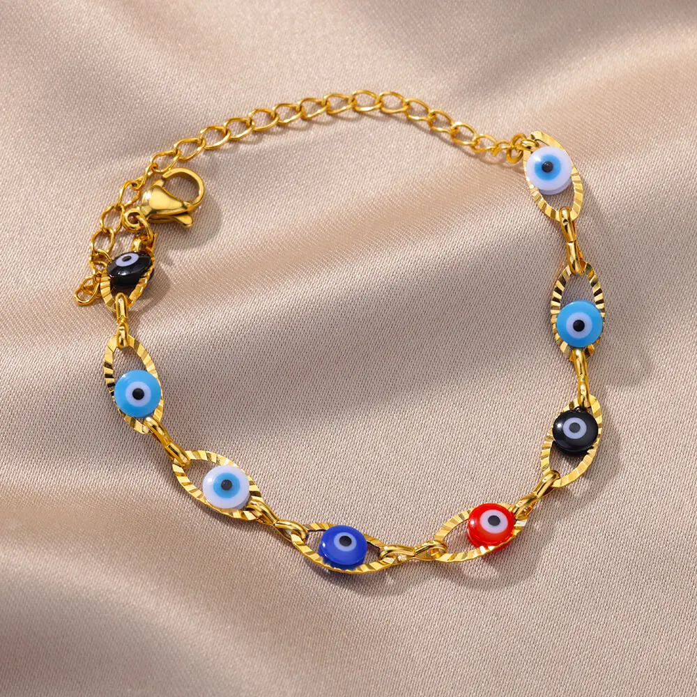 Vintage-Armband mit dem Symbol des bösen Blicks, für Damen, goldfarben, aus Edelstahl, mit Gliederkette, als Schutzamulett, Glücksbringer, Schmuckstück, Geschenk für Partys. – Detail 4
