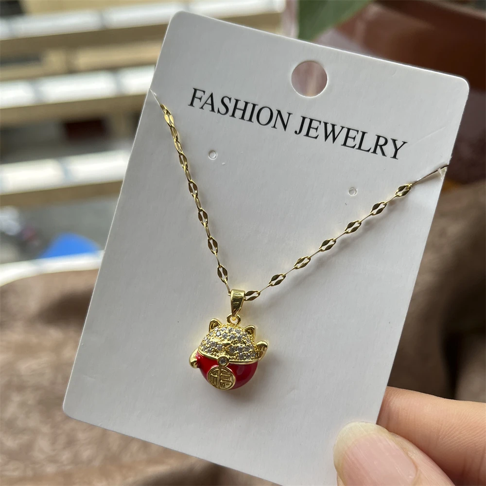 Crystal Animal Cat Red Enamel Moon Pendant Necklace for Women Kitten Stainless Steel Jewelry Birthday Mother Day Gift Wholesale