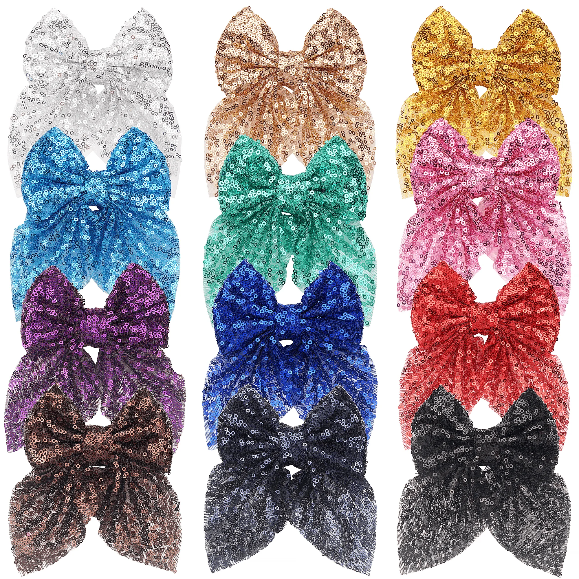 2Pcs 4Inches Boutique Hair Bling Sparkly Sequins Tail Mesh Ribbon Alligator Hiar Clips Barrettes Party Girls Kids Children